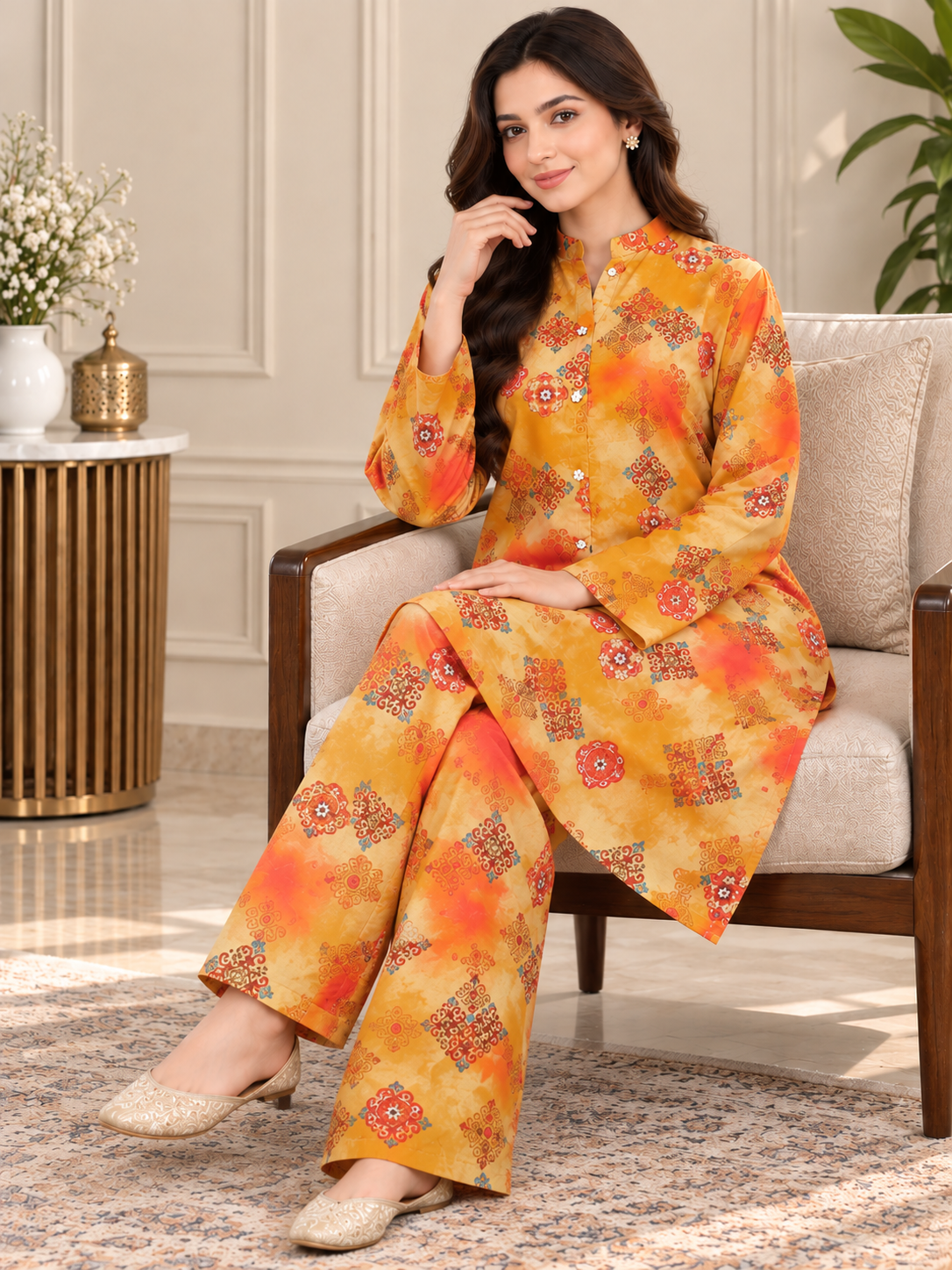 Mustard Orange Printed 2-Piece Co-Ord Set