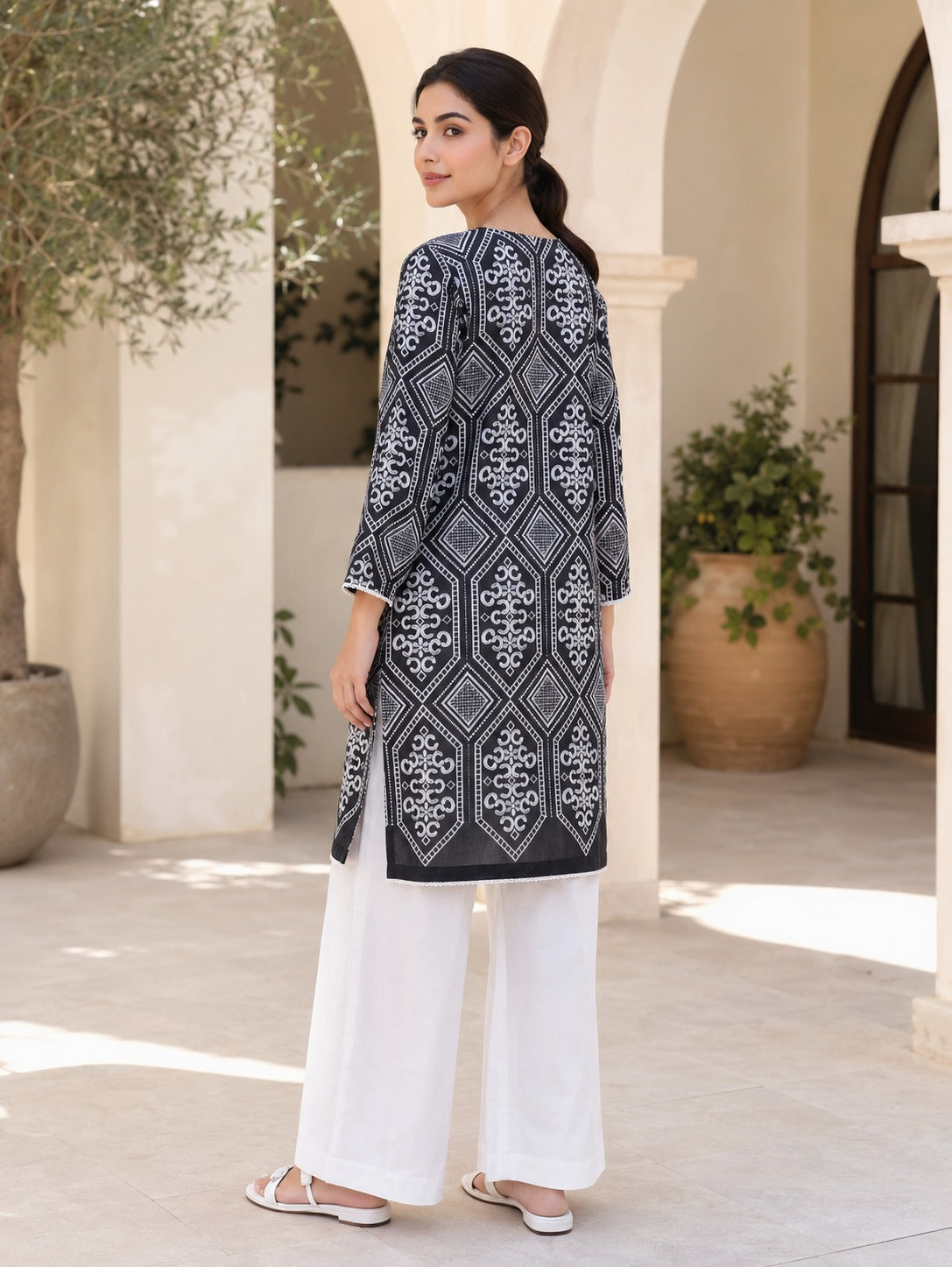 Embroidered Black & White 2-Piece Lawn Suit