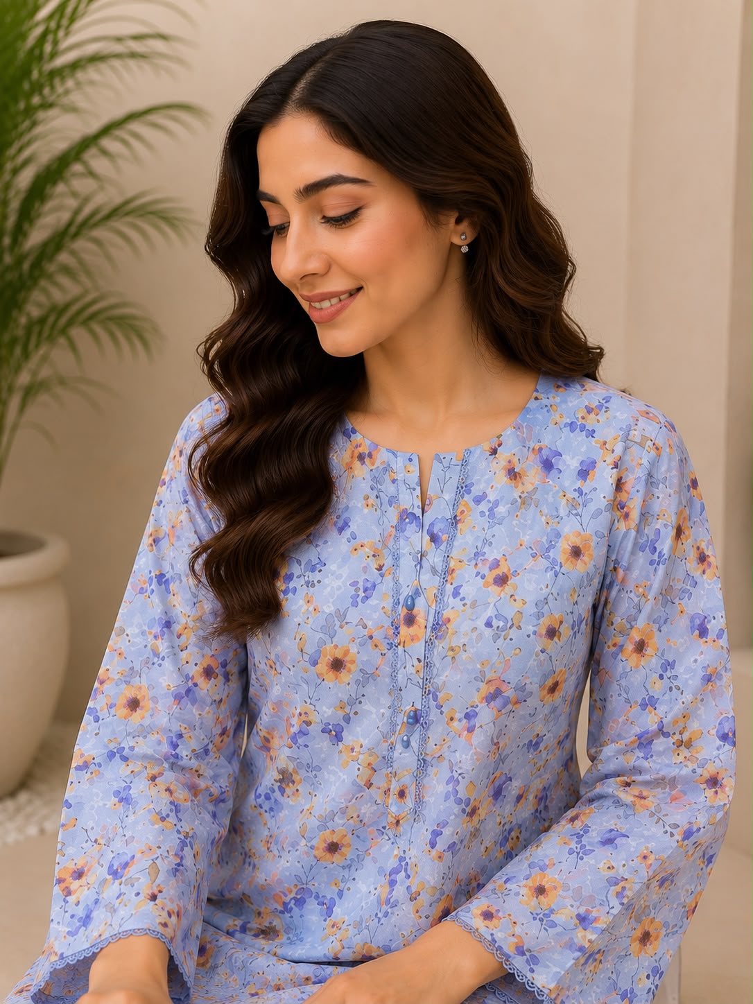 Blue Floral Printed Lawn 2-Piece,