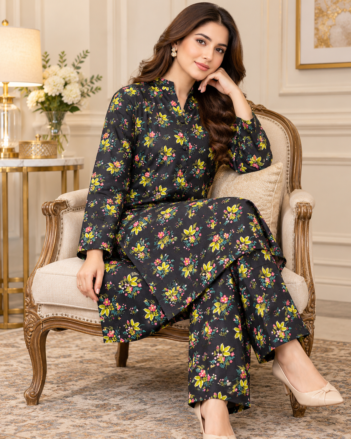 Black Multicolor Floral Printed Women’s 2-Piece Set