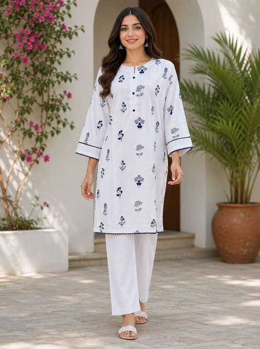White & Navy Floral  Lawn 2-Piece,