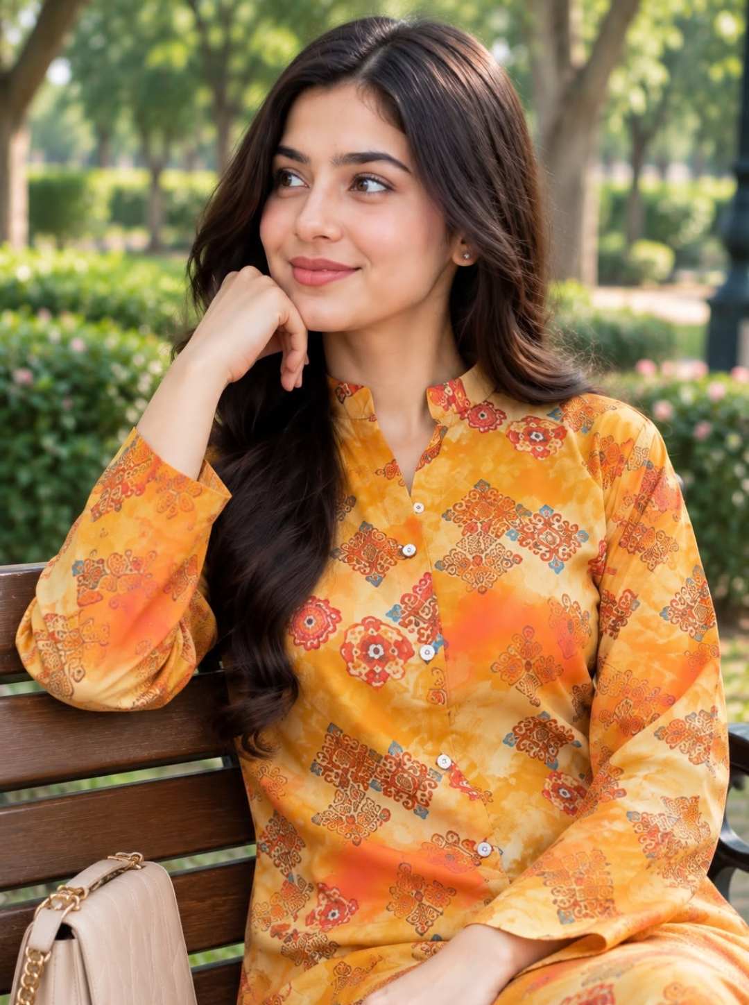 Mustard Yellow & Orange Printed 2-Piece