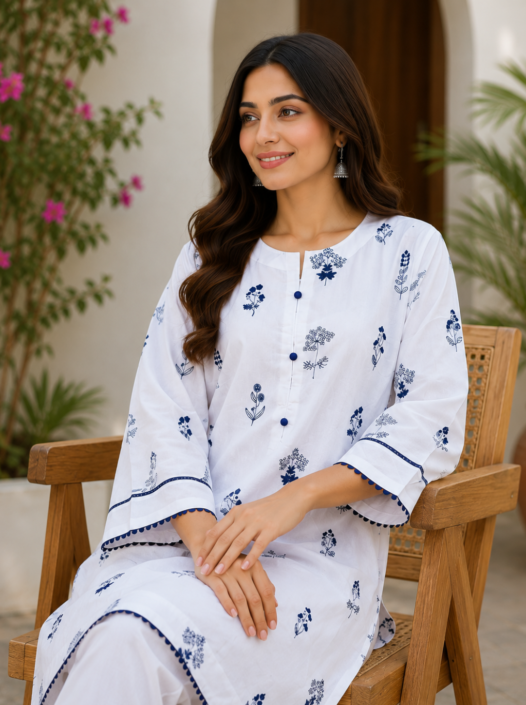 White & Navy Floral  Lawn 2-Piece,