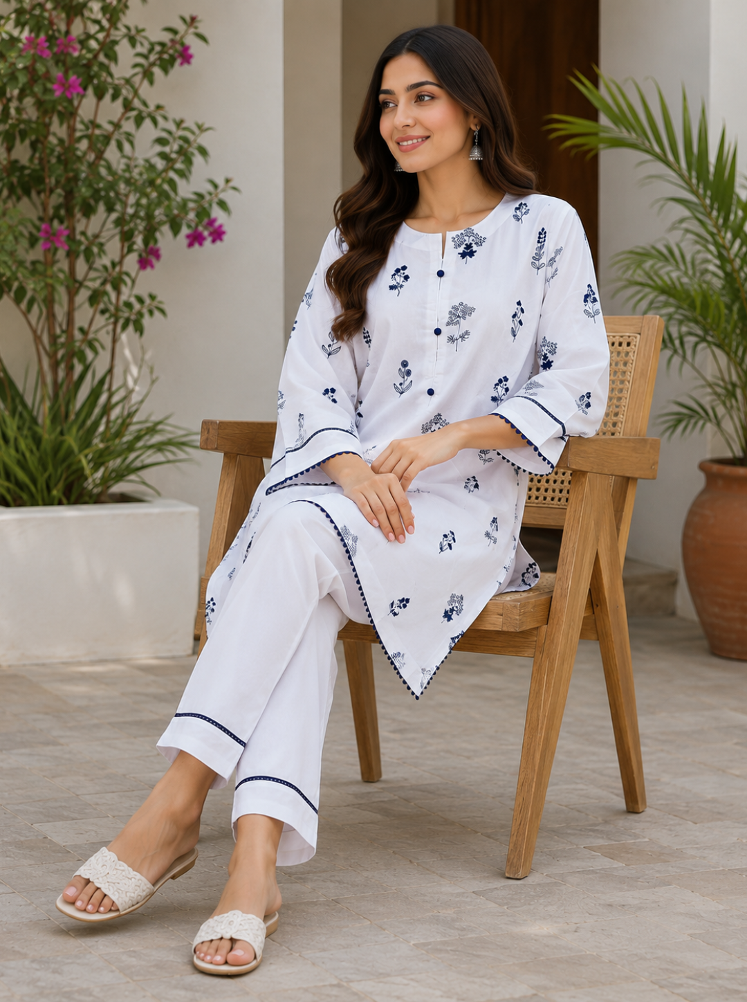 White & Navy Floral  Lawn 2-Piece,