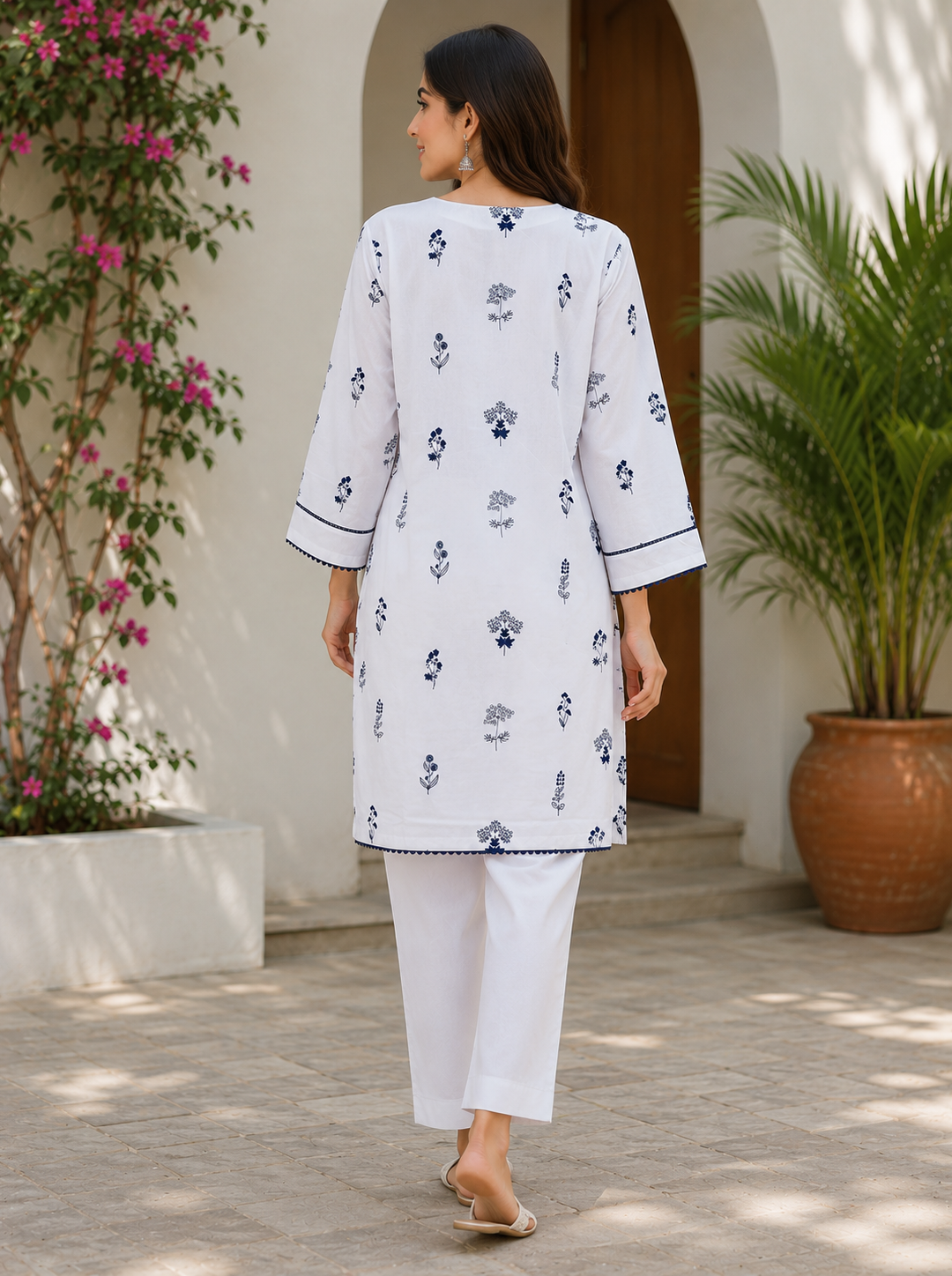 White & Navy Floral  Lawn 2-Piece,