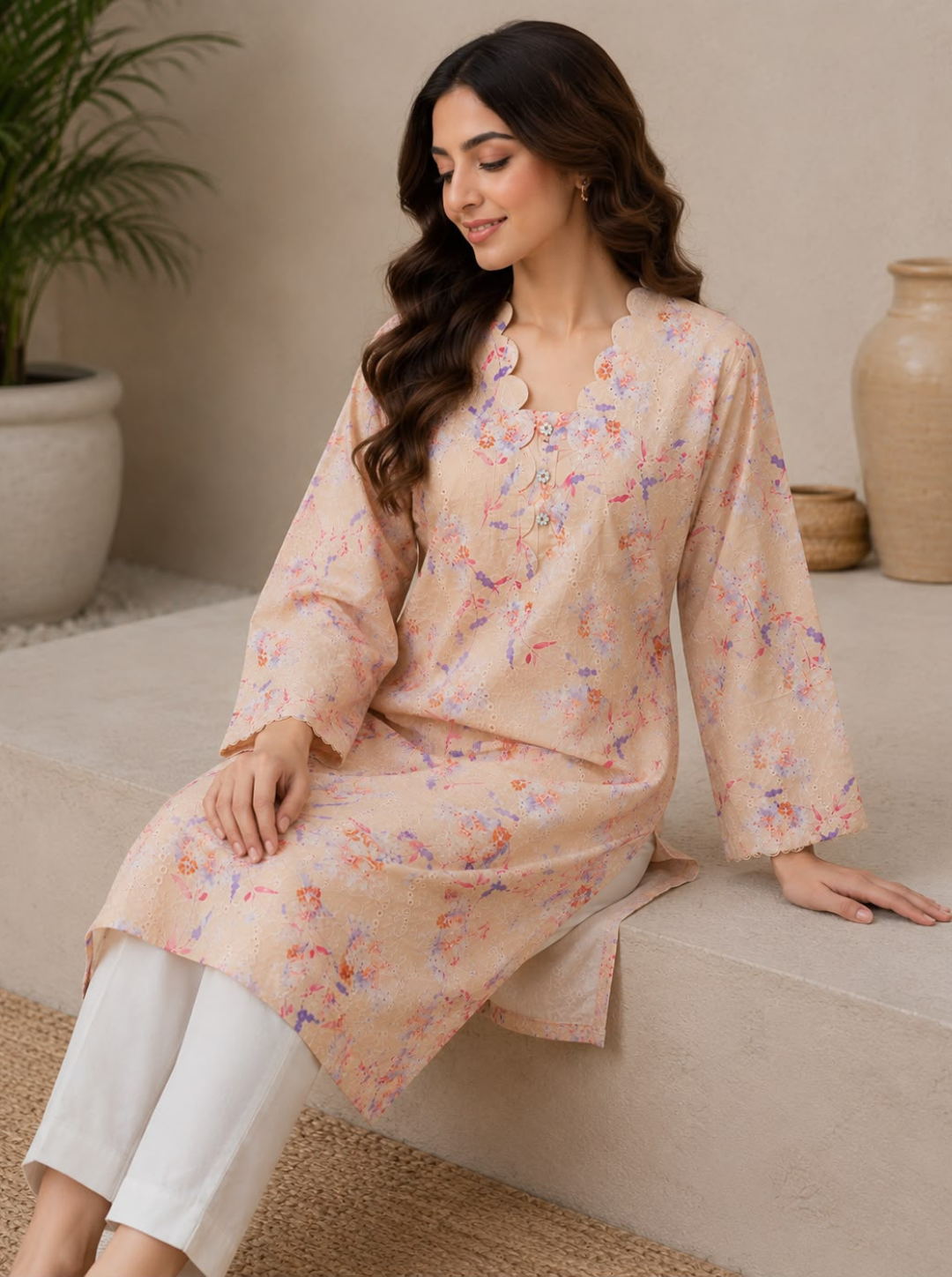 Peach Floral Embroidered Lawn 2-Piece