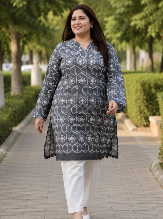 Charcoal Grey &amp; White Printed 2-Piece