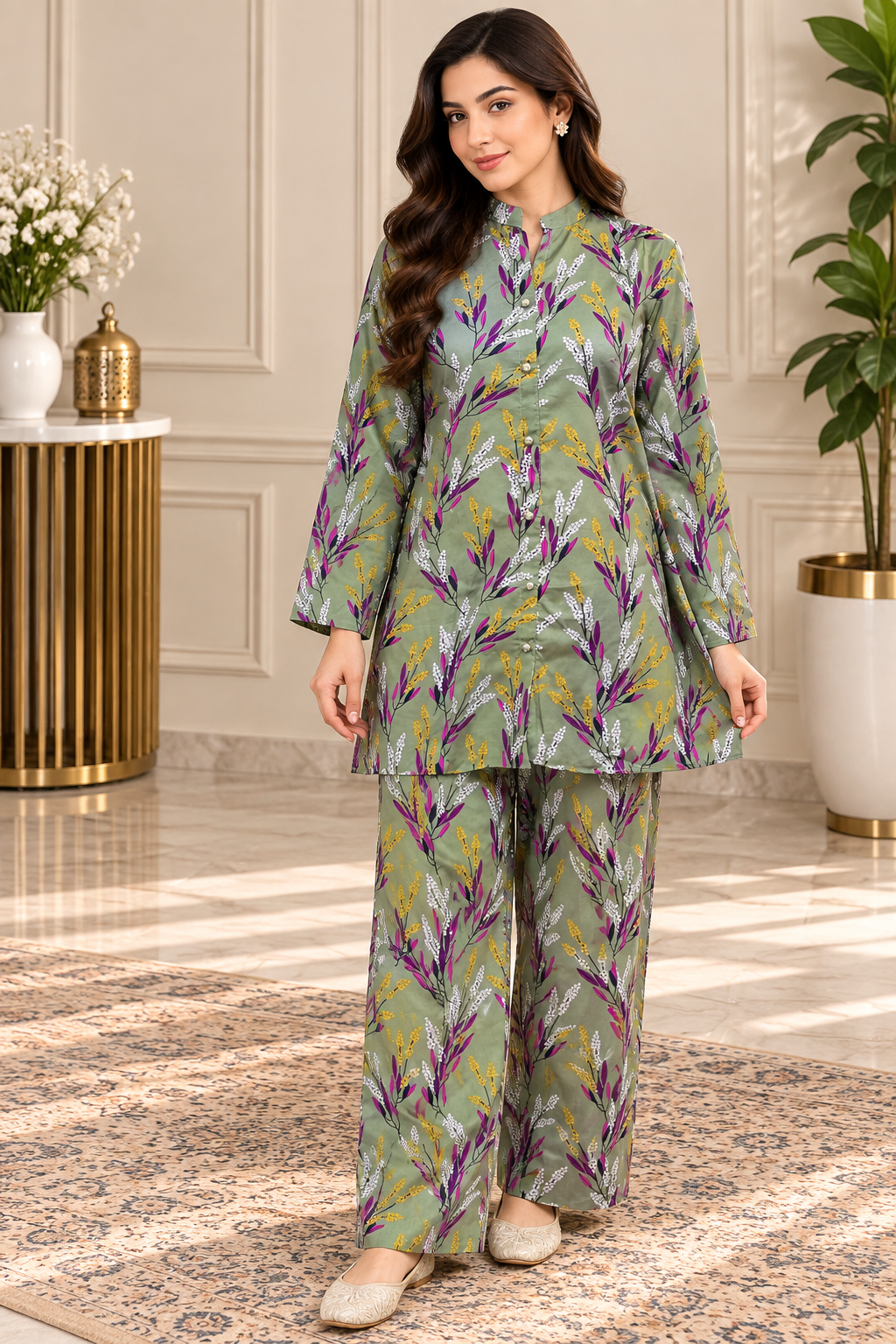 Sage Green Botanical Printed 2-Piece Co-Ord Set
