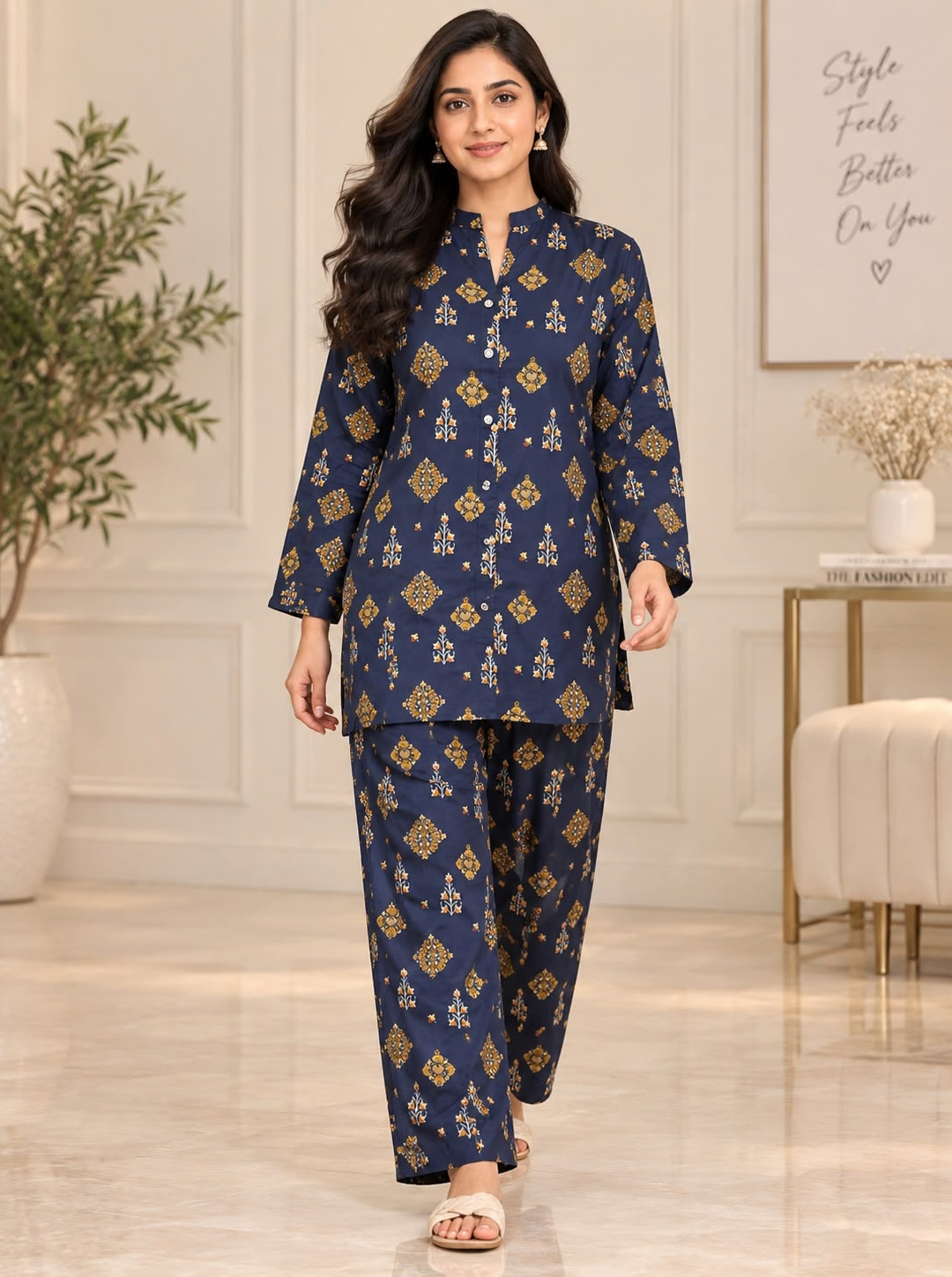 Navy Blue & Mustard Printed 2-Piece