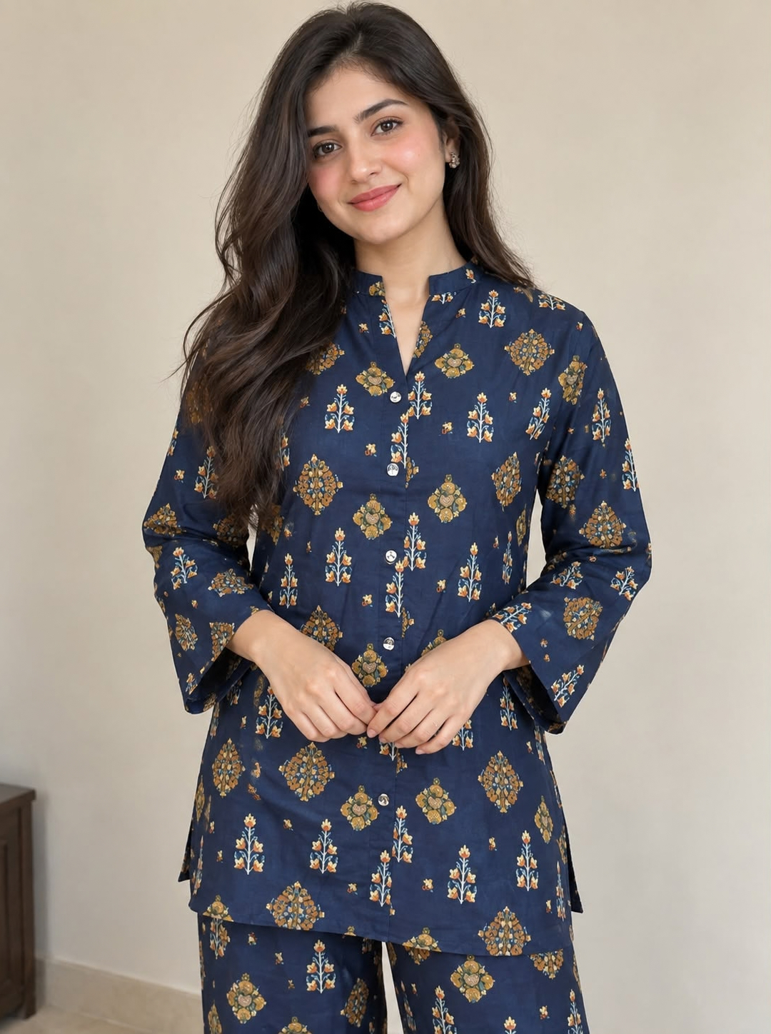 Navy Blue & Mustard Printed 2-Piece