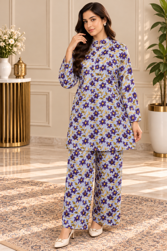 Lavender Purple Floral Printed 2-Piece Co-Ord Set