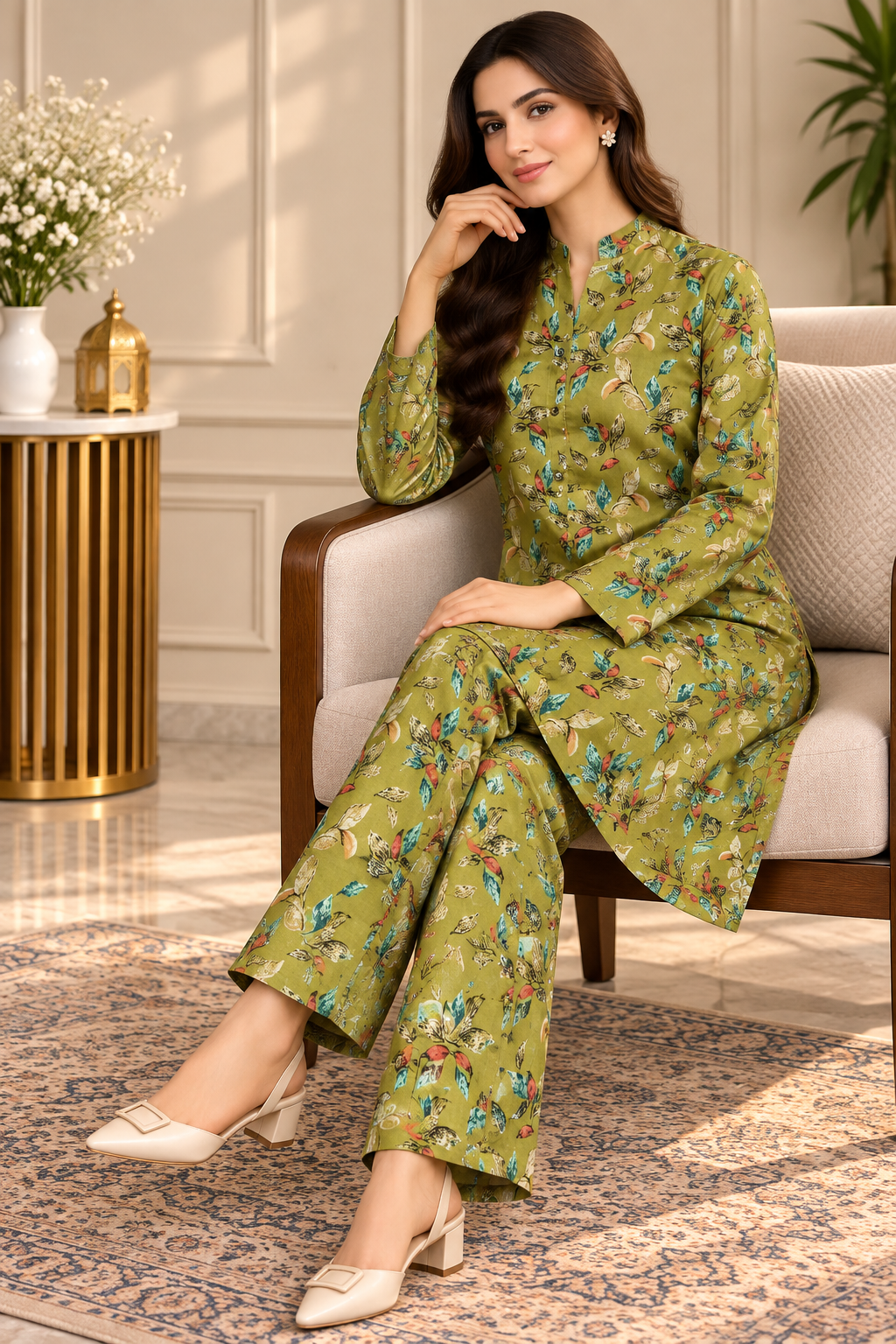 Olive Green Botanical Printed 2-Piece Co-Ord Set