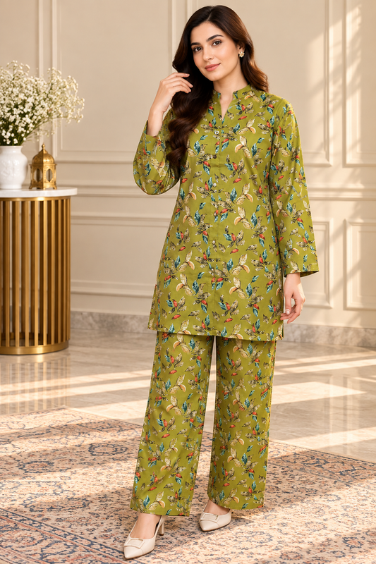 Olive Green Botanical Printed 2-Piece Co-Ord Set