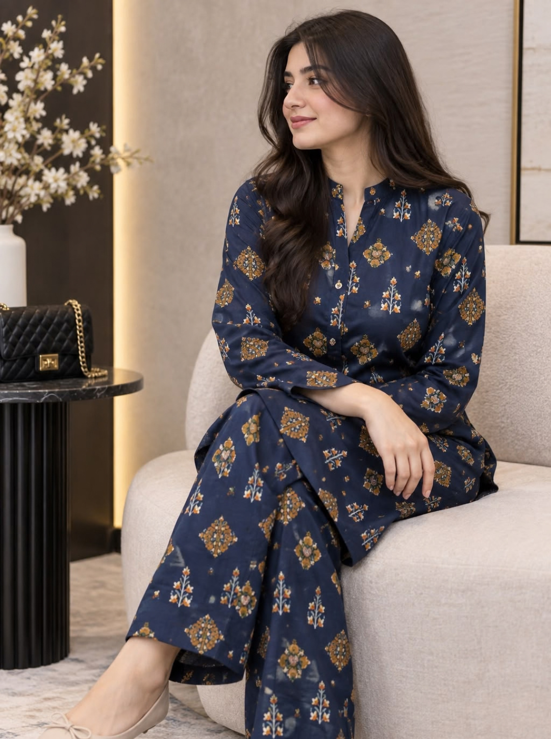 Navy Blue & Mustard Printed 2-Piece