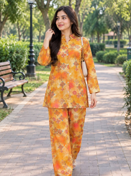 Mustard Yellow & Orange Printed 2-Piece