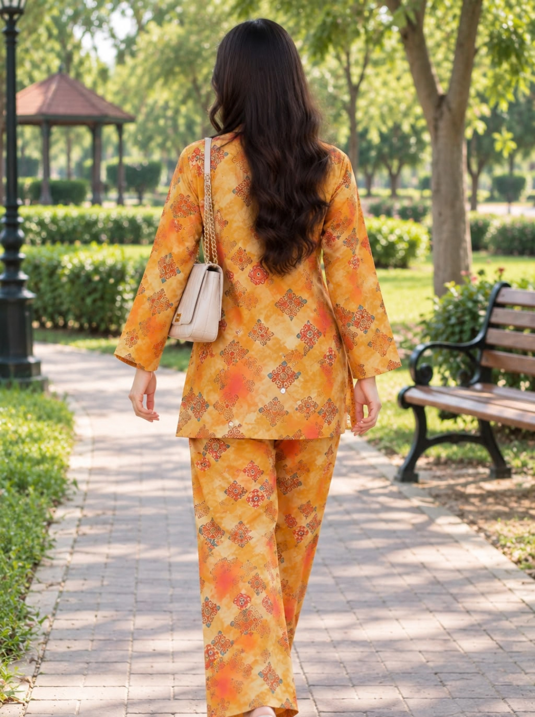 Mustard Yellow & Orange Printed 2-Piece