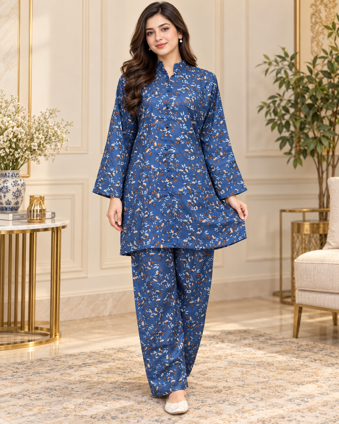 Deep Blue Mini Floral Printed Women’s 2-Piece Se