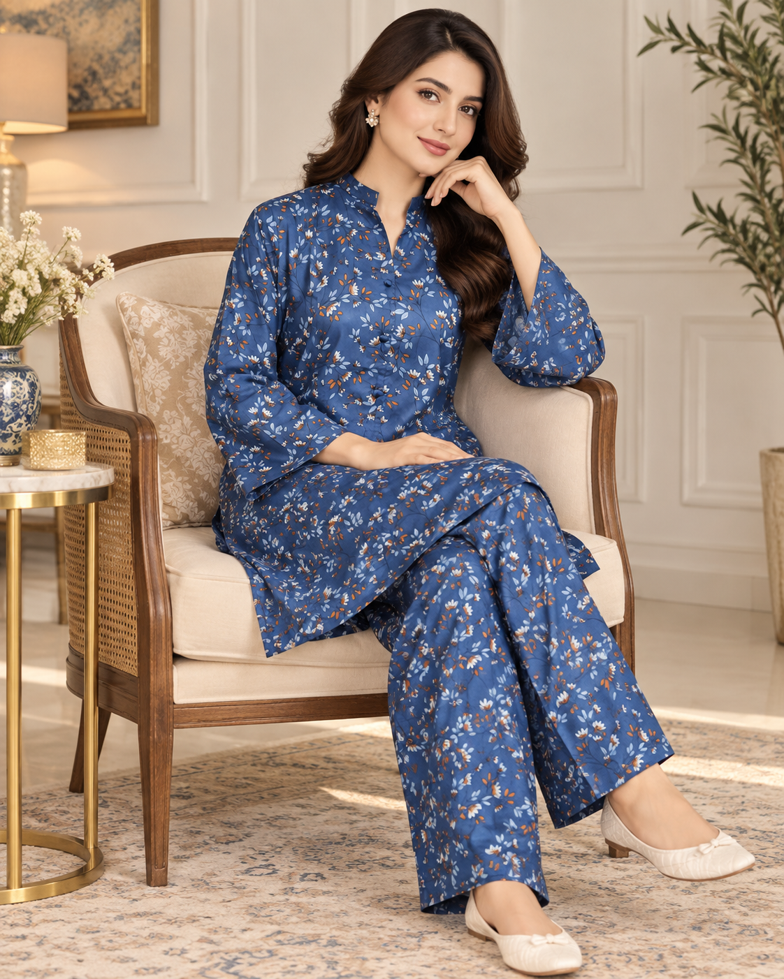 Deep Blue Mini Floral Printed Women’s 2-Piece Se