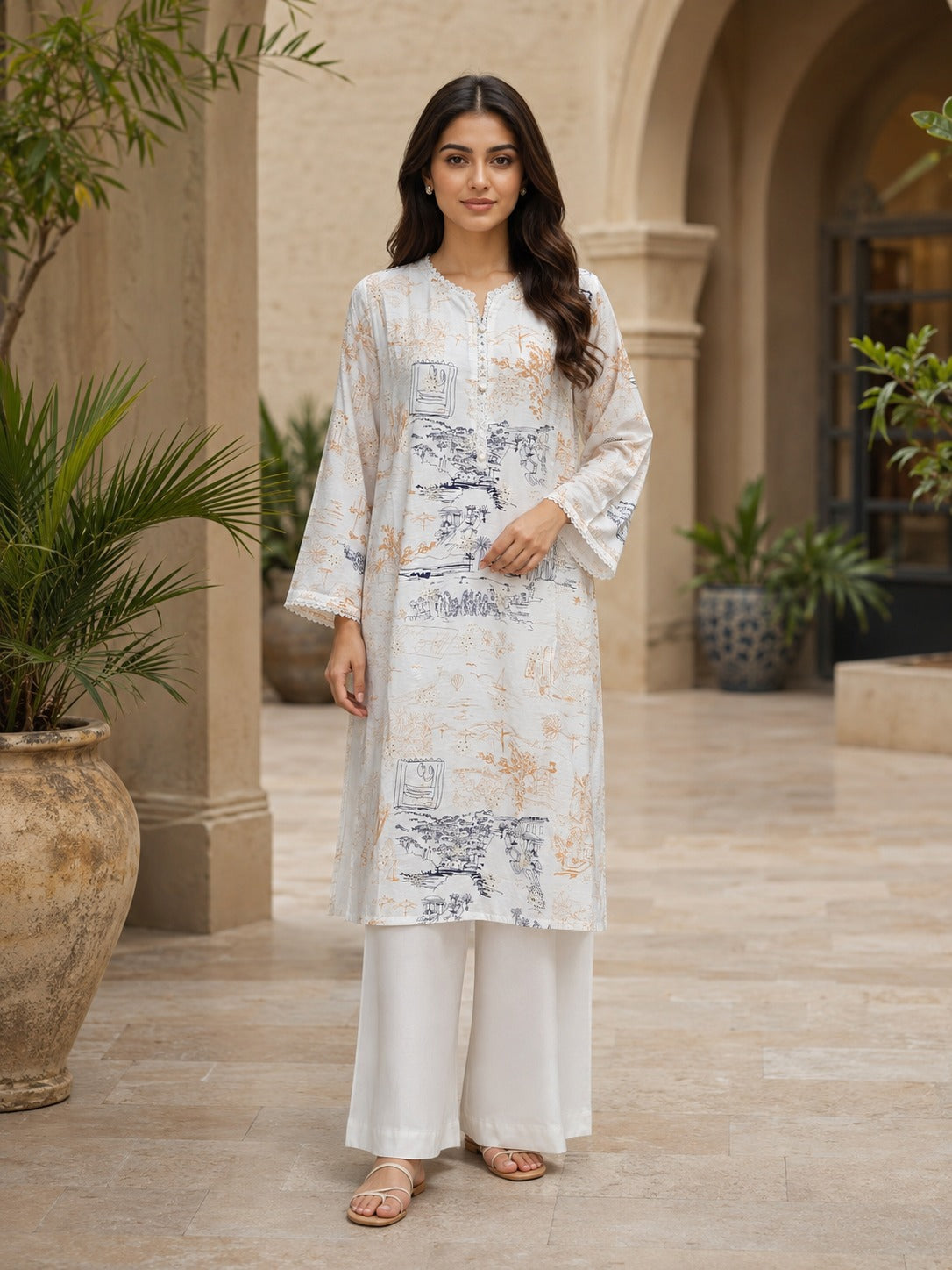 Beige Scenic Printed Kurta