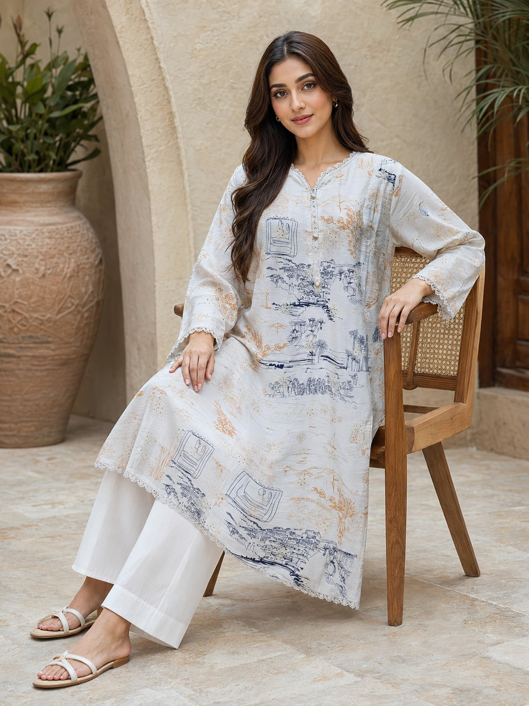 Beige Scenic Printed Kurta
