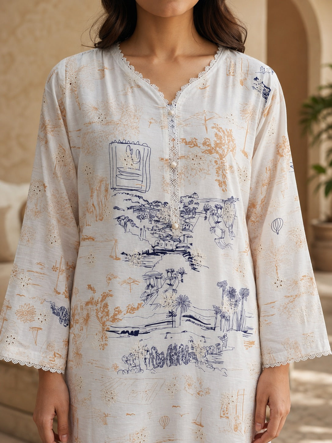 Beige Scenic Printed Kurta