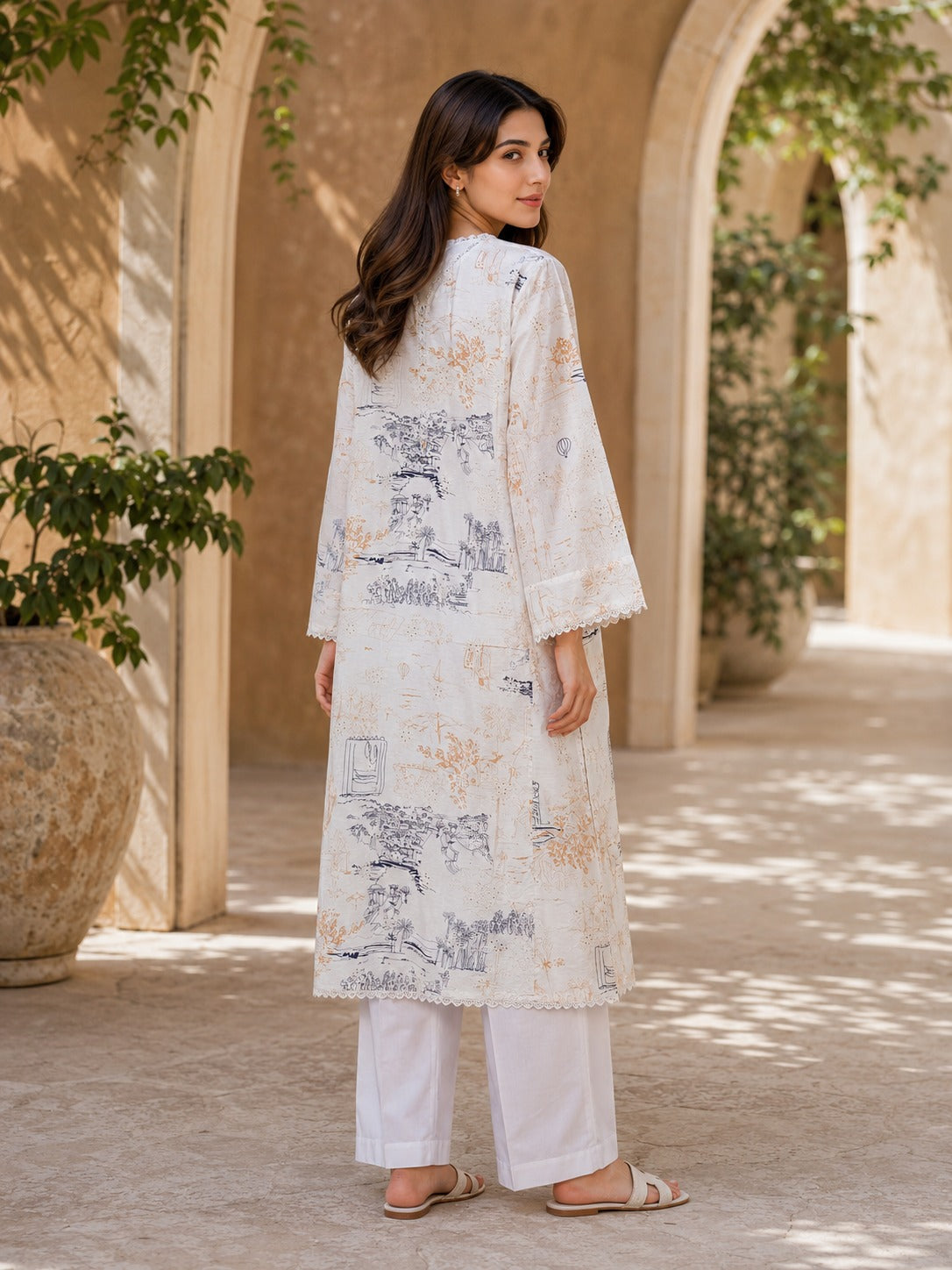 Beige Scenic Printed Kurta