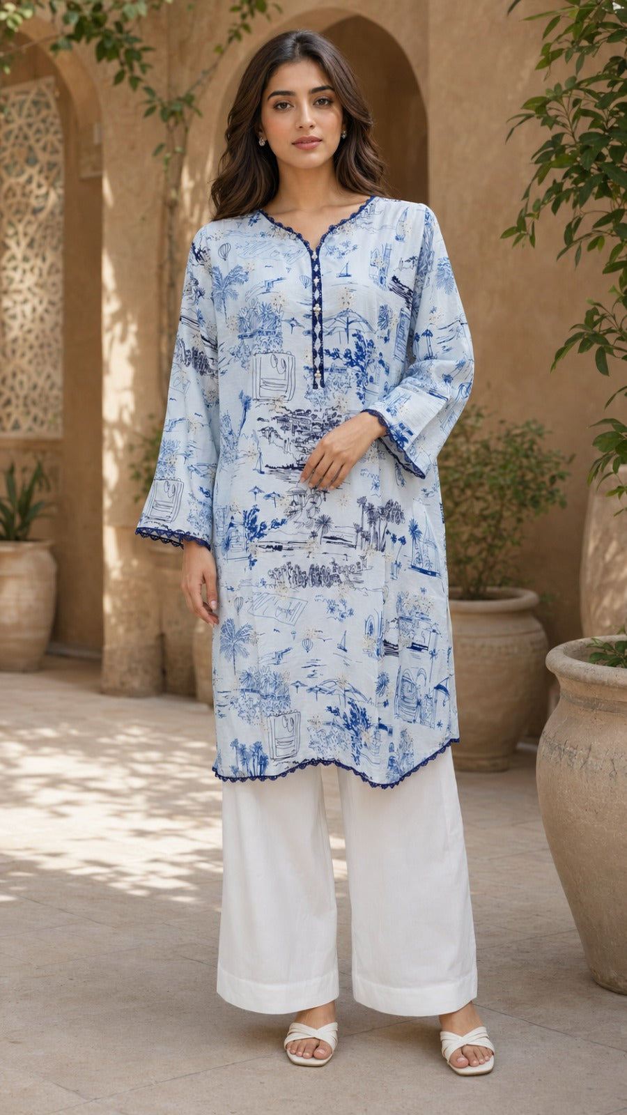 Blue Scenic Printed Kurta