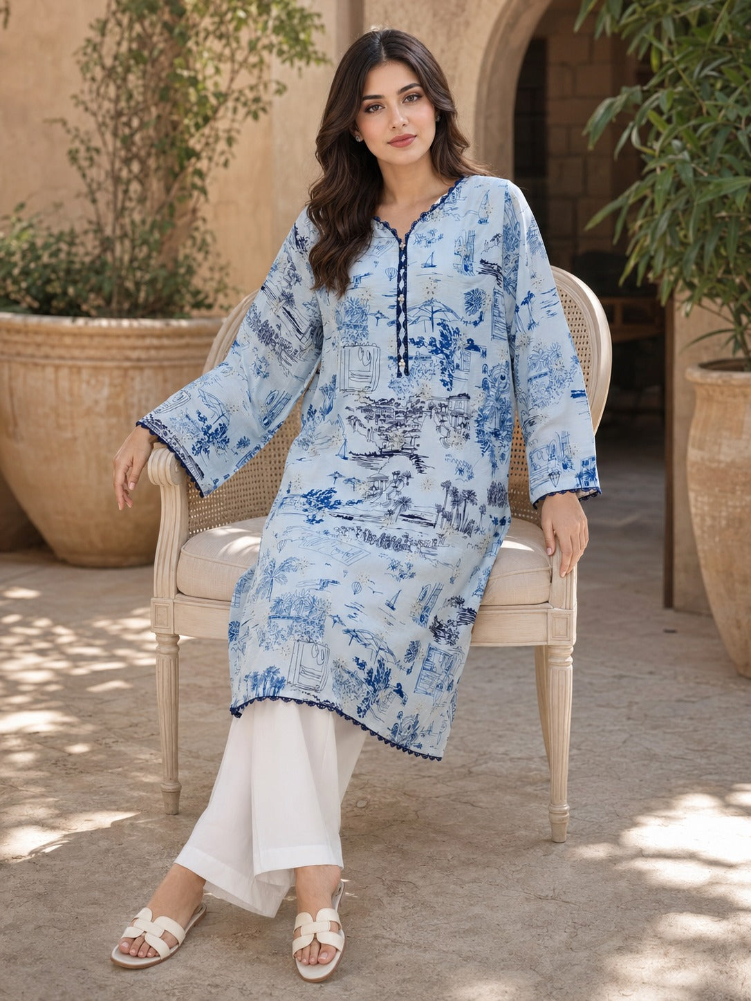 Blue Scenic Printed Kurta