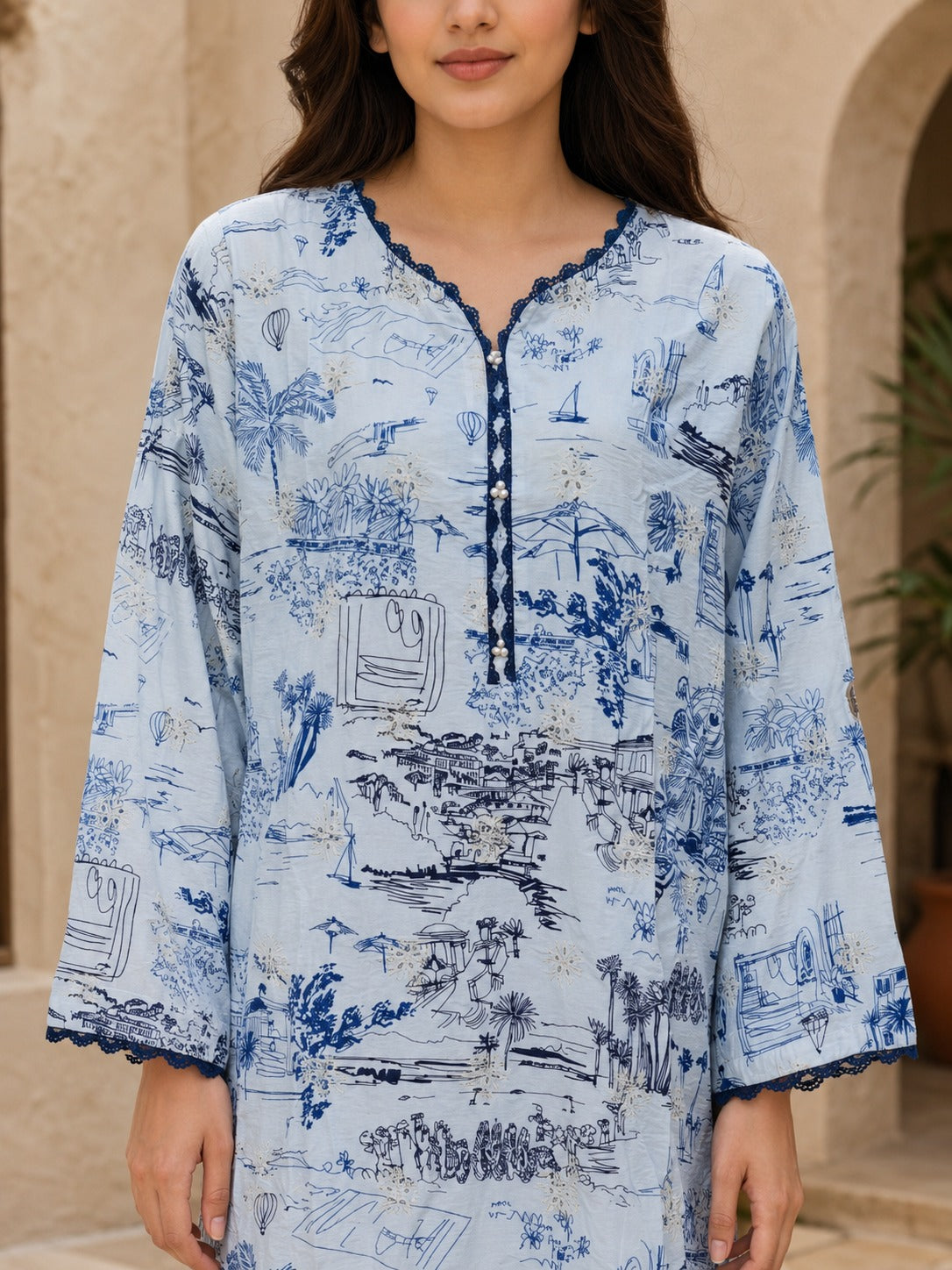 Blue Scenic Printed Kurta