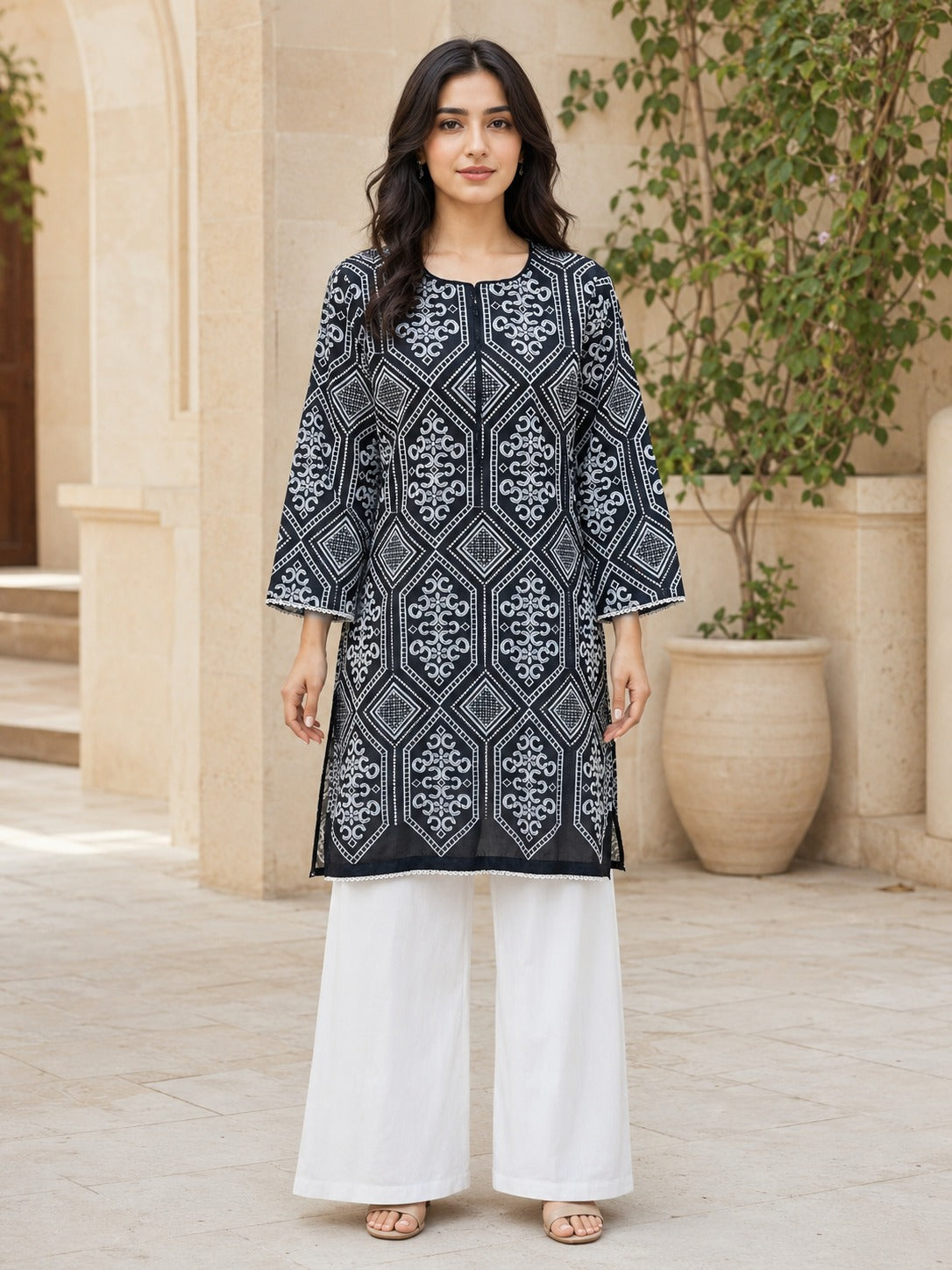 Embroidered Black & White 2-Piece Lawn Suit