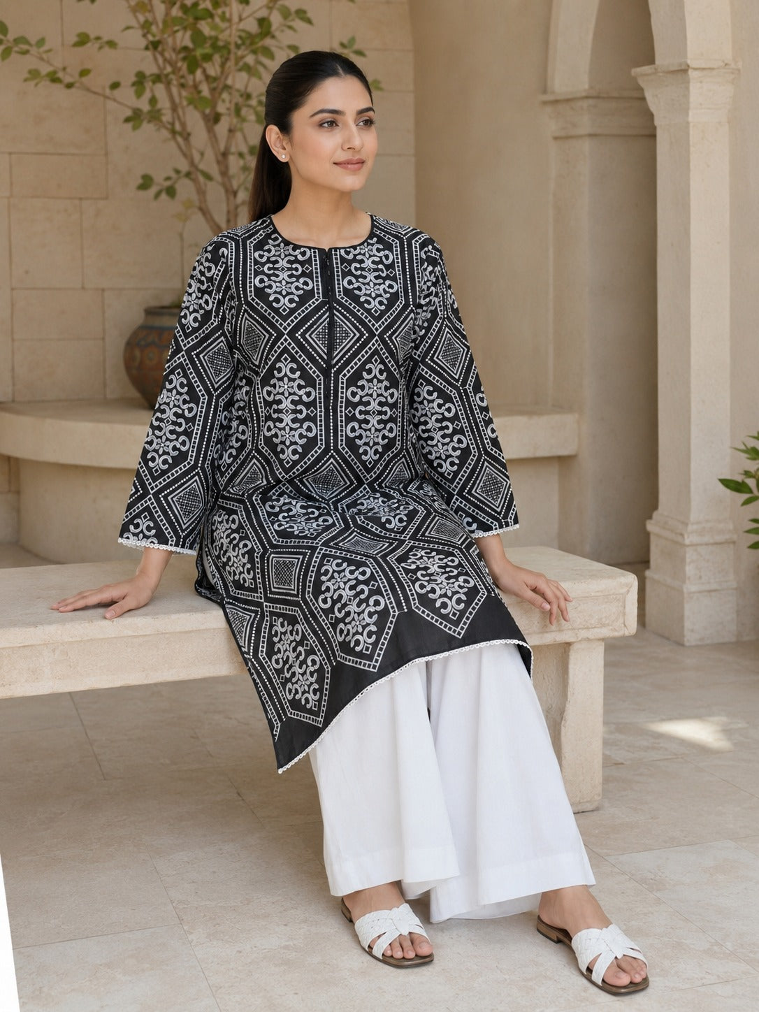 Embroidered Black & White 2-Piece Lawn Suit