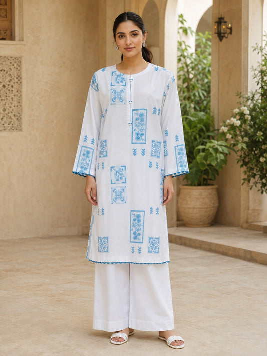 Embroidered Blue & White 2-Piece Lawn Suit