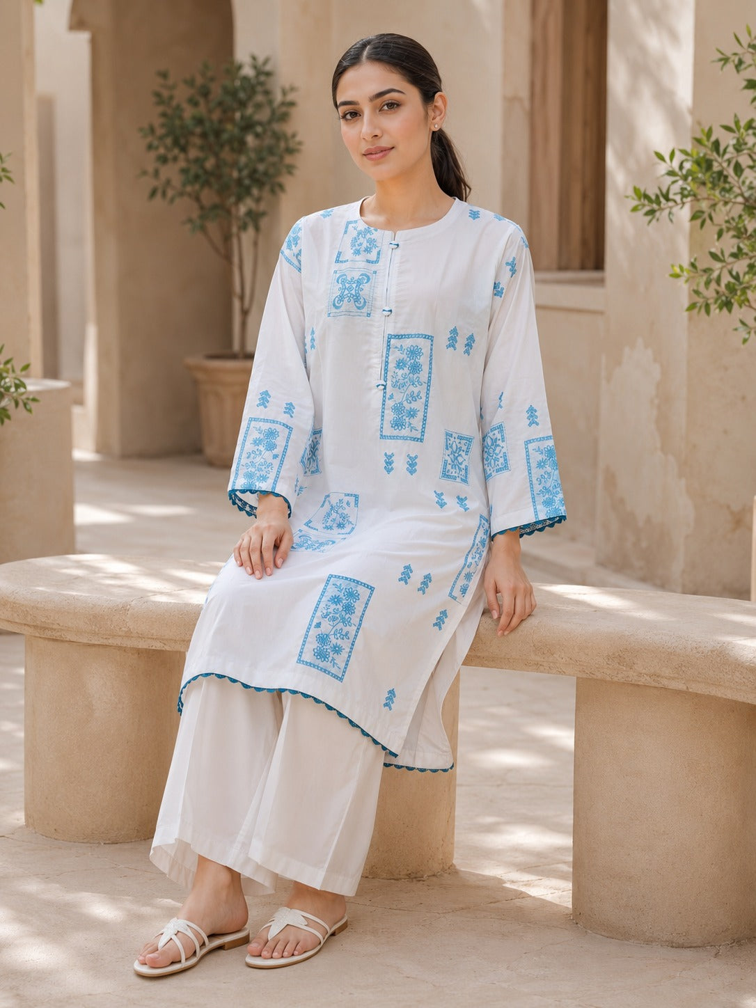 Embroidered Blue & White 2-Piece Lawn Suit