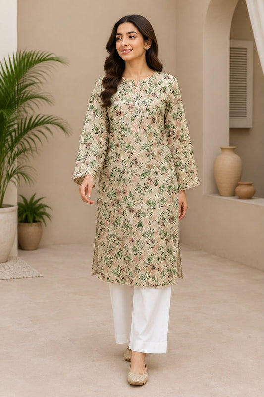 Beige Floral Printed Lawn 2-Piece