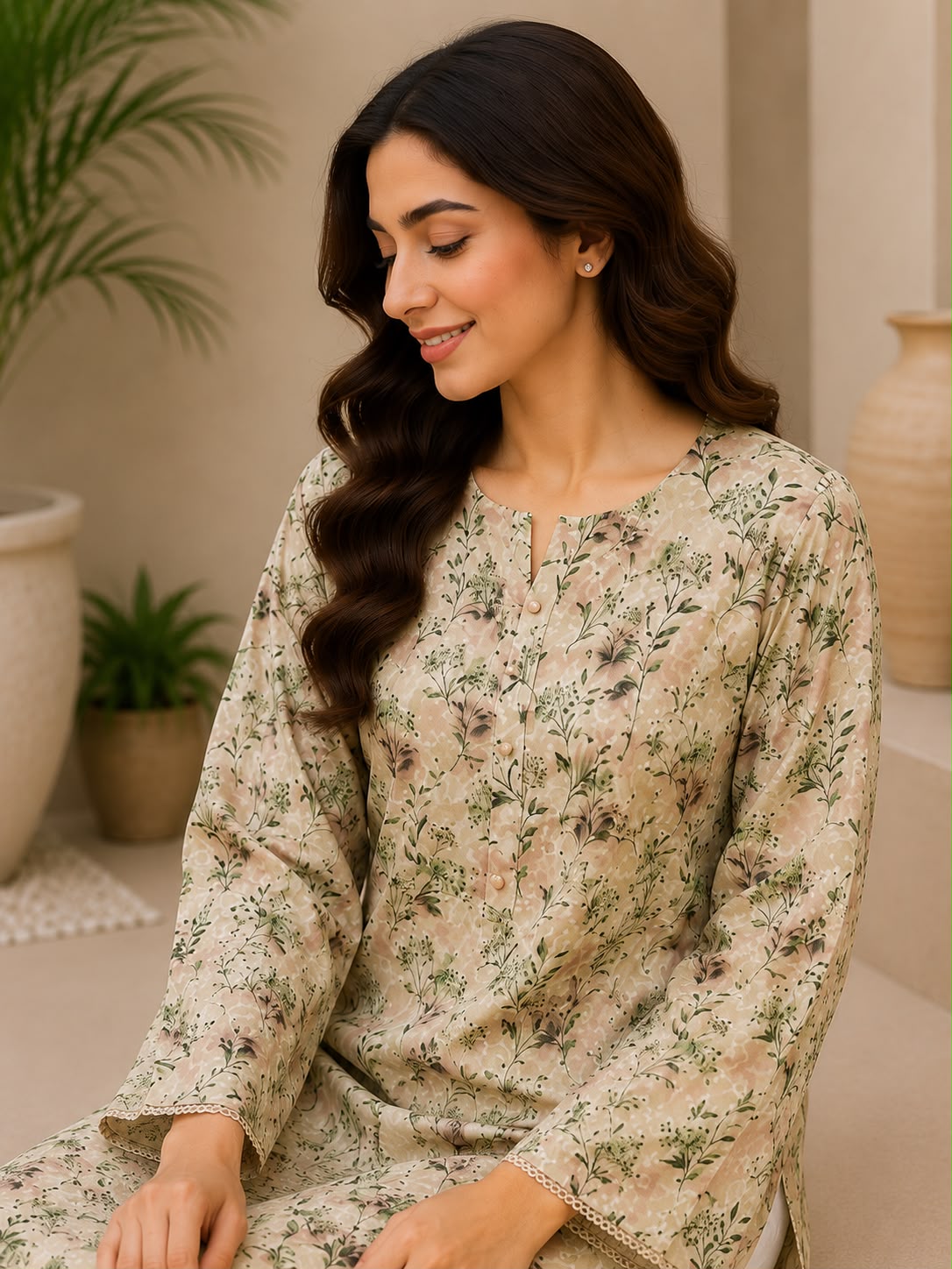 Beige Floral Printed Lawn 2-Piece