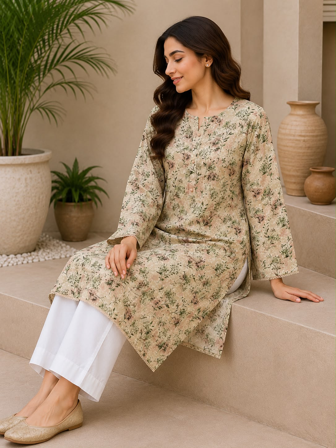 Beige Floral Printed Lawn 2-Piece