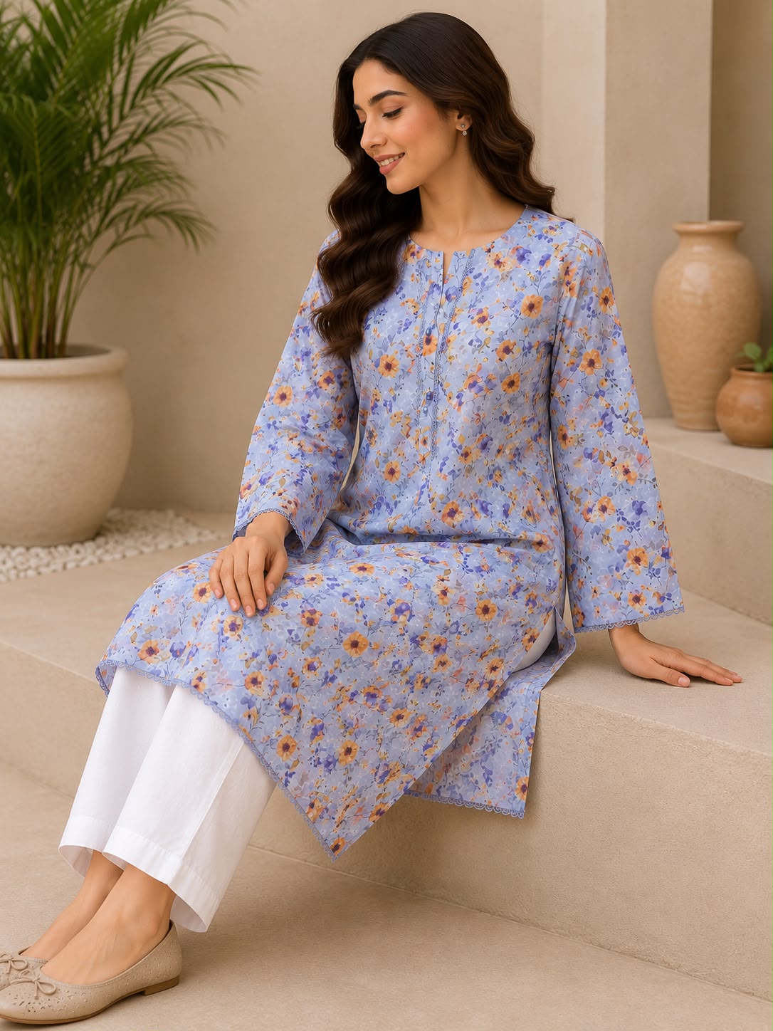 Blue Floral Printed Lawn 2-Piece,