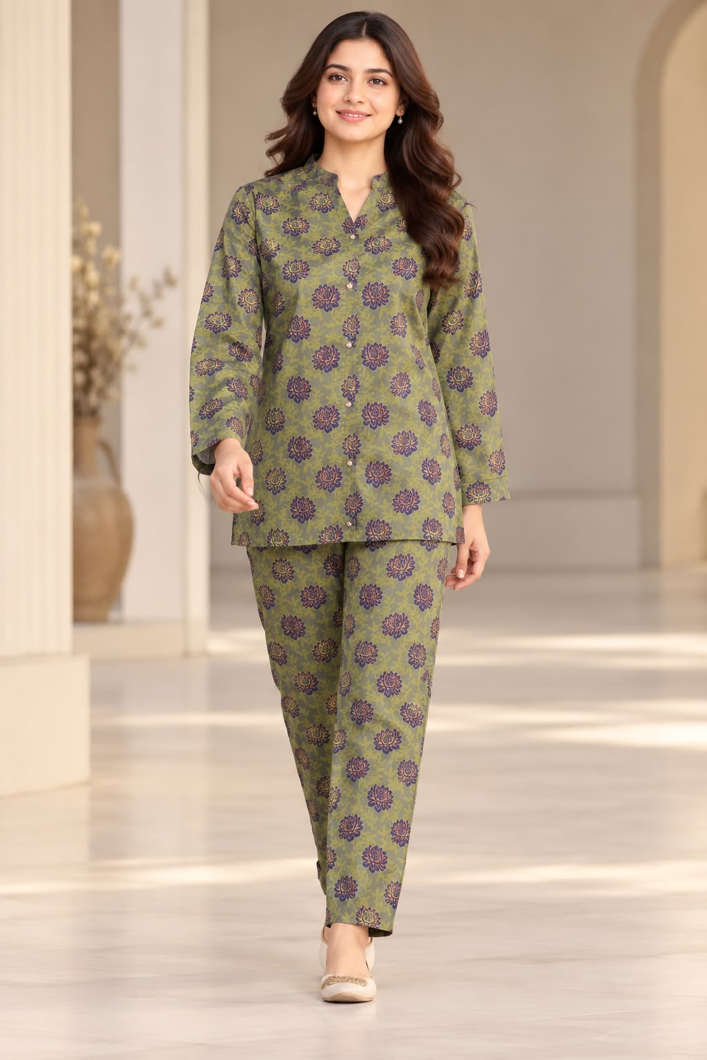 Olive Green & Purple Printed