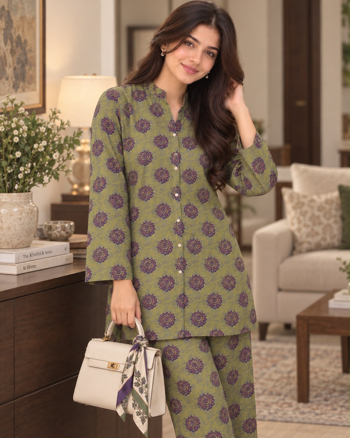 Olive Green & Purple Printed
