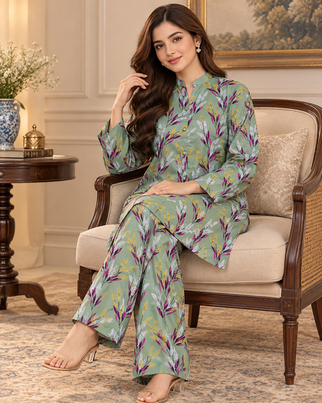 Sage Green Botanical Printed Women’s 2-Piece Set
