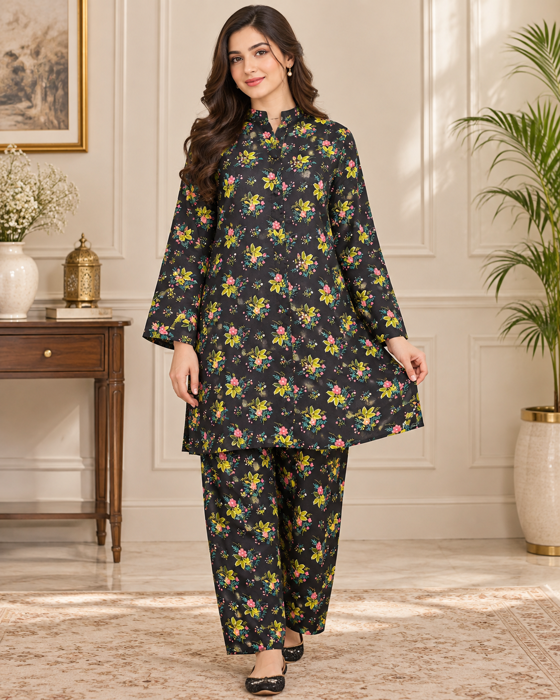 Black Multicolor Floral Printed Women’s 2-Piece Set