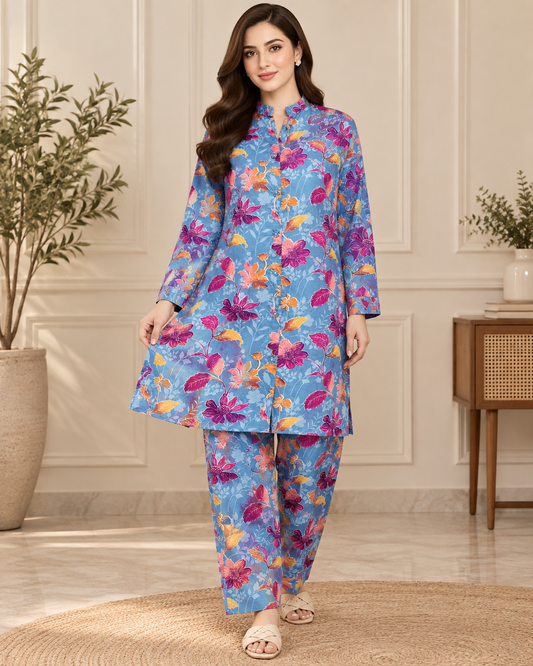 Sky Blue Multicolor Floral Printed Women’s 2-Piece Set