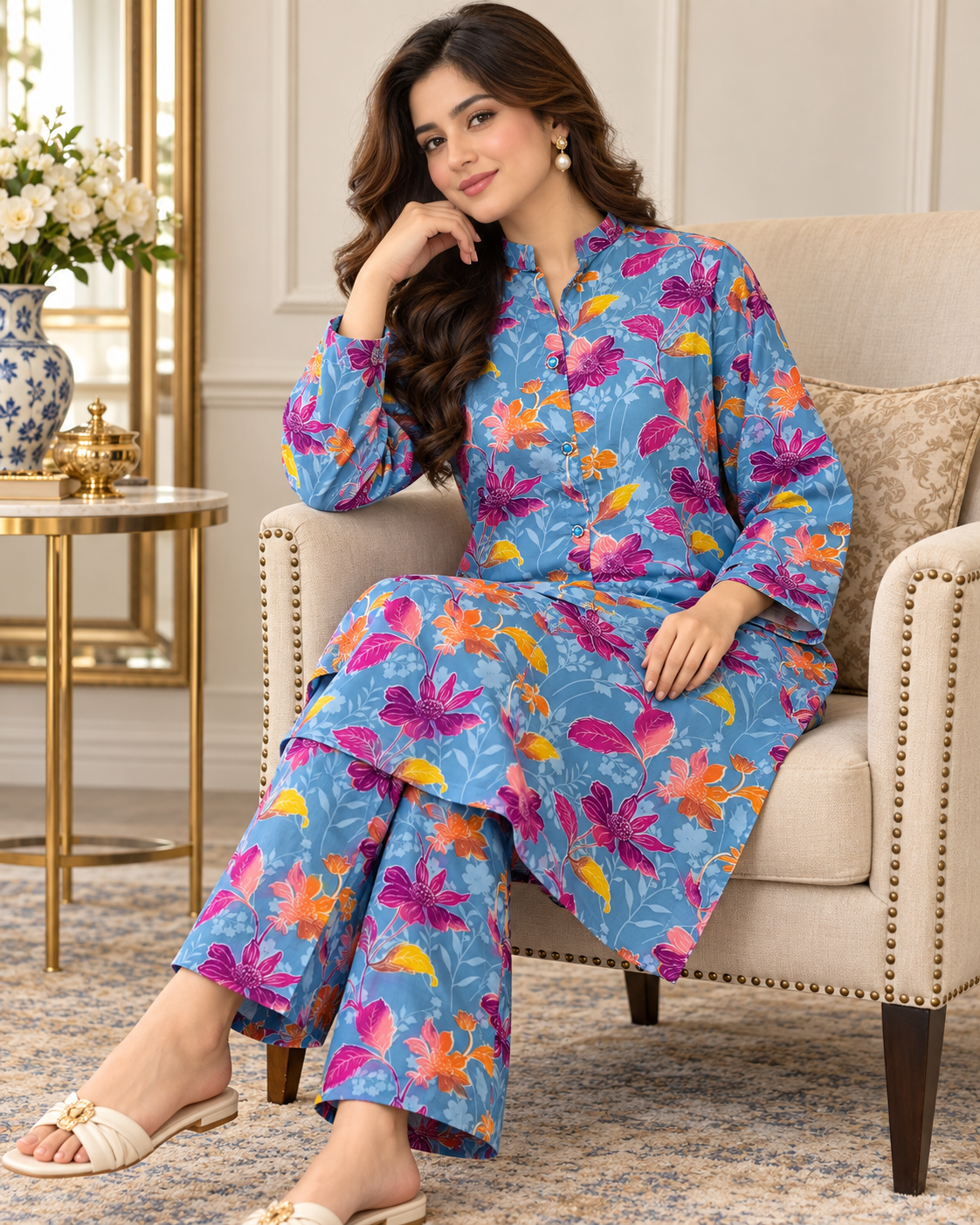 Sky Blue Multicolor Floral Printed Women’s 2-Piece Set