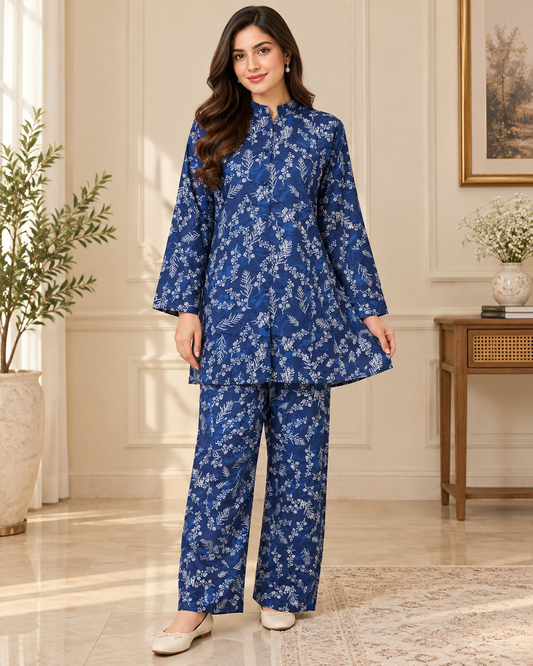 Navy Blue Floral Printed 2-Piece Women’s Set