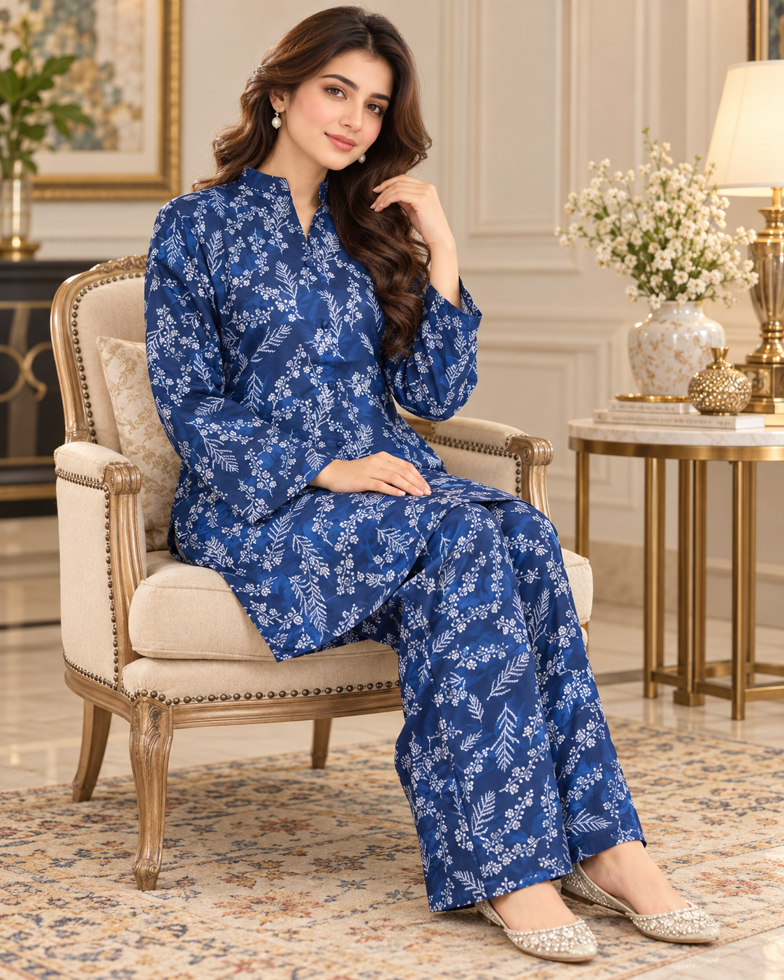 Navy Blue Floral Printed 2-Piece Women’s Set