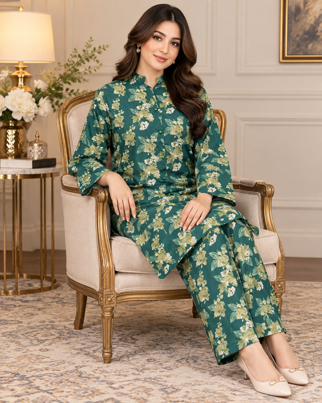 Emerald Green Floral Printed Women’s 2-Piece Set