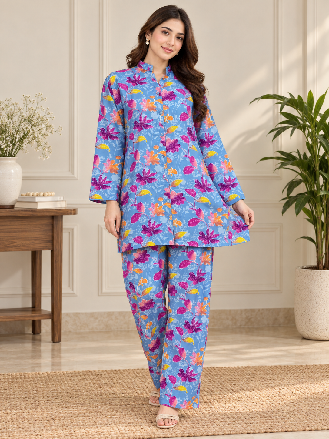 Sky Blue Multicolor Floral Printed Women’s 2-Piece Set