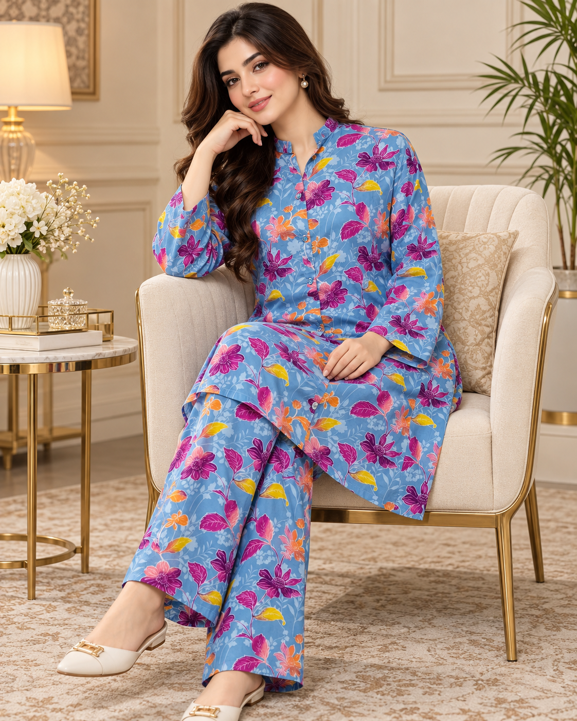 Sky Blue Multicolor Floral Printed Women’s 2-Piece Set