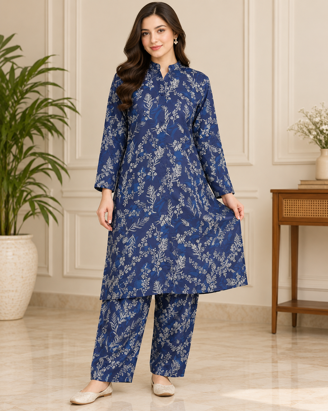 Royal Blue Botanical Printed Women’s 2-Piece Se